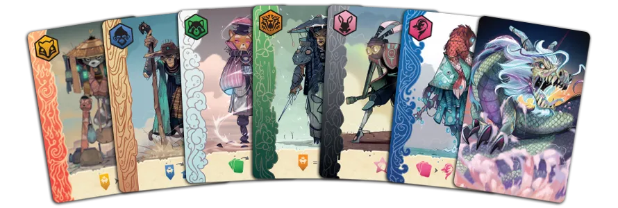 協力者の獲得の例：各色ラインの氏族カードが並ぶディスプレイ（公開列）のイメージ