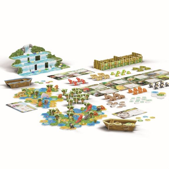 ボードゲーム『ライフ・オブ・ジ・アマゾニア』の内容物一式（動物ミープルと生命の滝ボードなど）