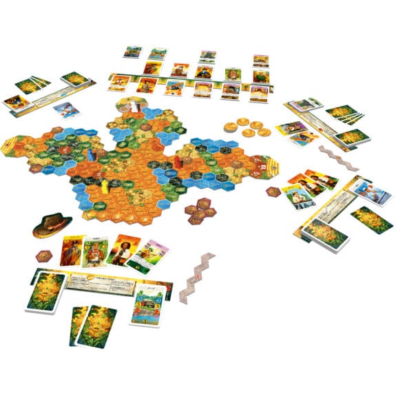 ボードゲーム『エルドラドを探して 新版 黄金の神殿』の盤面全体とカード類