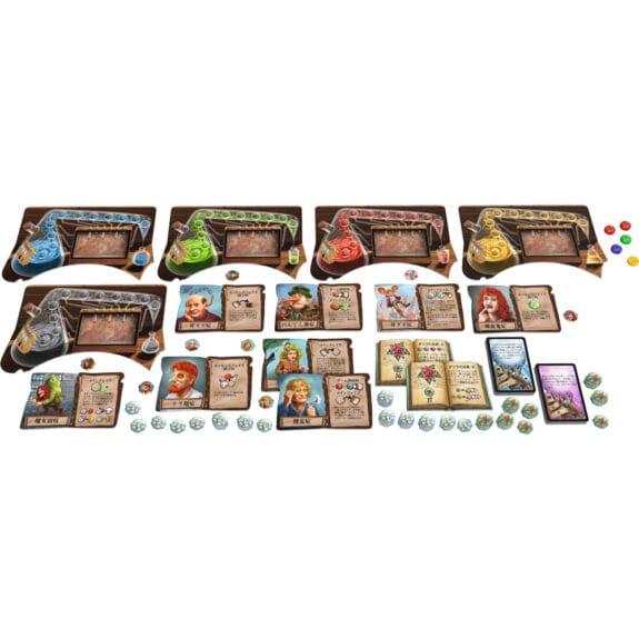 ボードゲーム「クアックサルバー 拡張 錬金術師たち」のコンポーネント一覧 フラスコやチップ